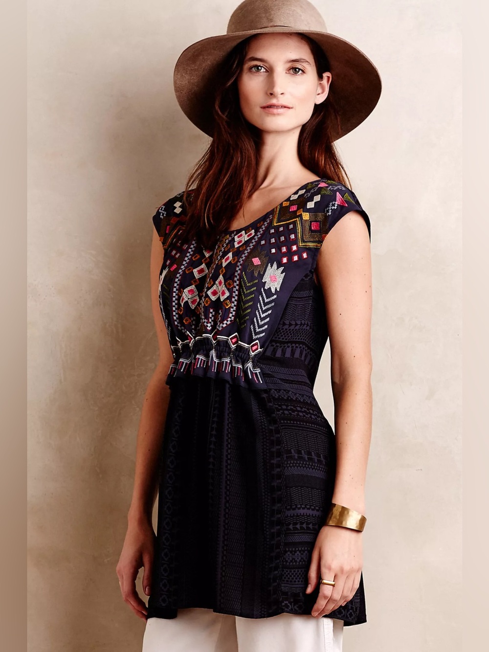 One September for Anthropologie Barranco Embroidered Tunic Blouse. Small.